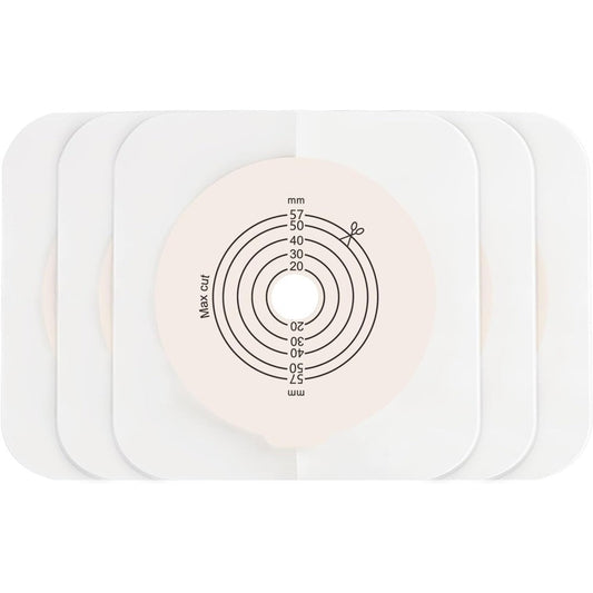 Steawoce 5 Pack Flat Ostomy Skin Barriers front view showing the 15-57mm cut to fit measuring guide scale.