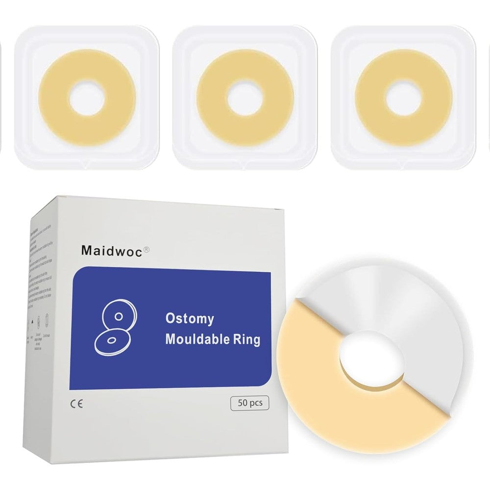 Maidwoc Moldable Ostomy Barrier Rings front view showing medical grade hydrocolloid packaging.