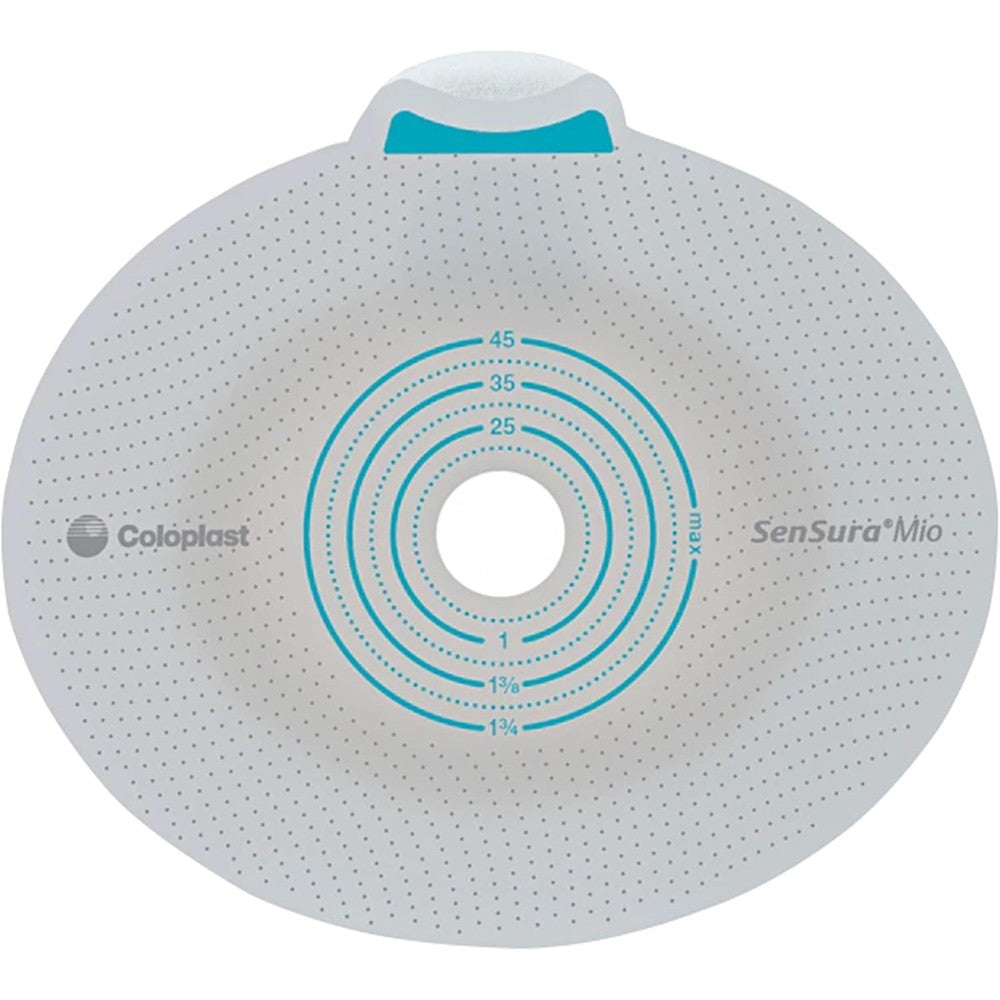 Coloplast SenSura Mio Flex Trim to Fit Ostomy Barrier 70 millimeter flange front view showing the elastic adhesive and grey textile trim