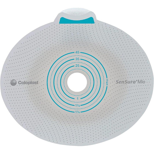 Coloplast SenSura Mio Flex Trim to Fit Ostomy Barrier 70 millimeter flange front view showing the elastic adhesive and grey textile trim