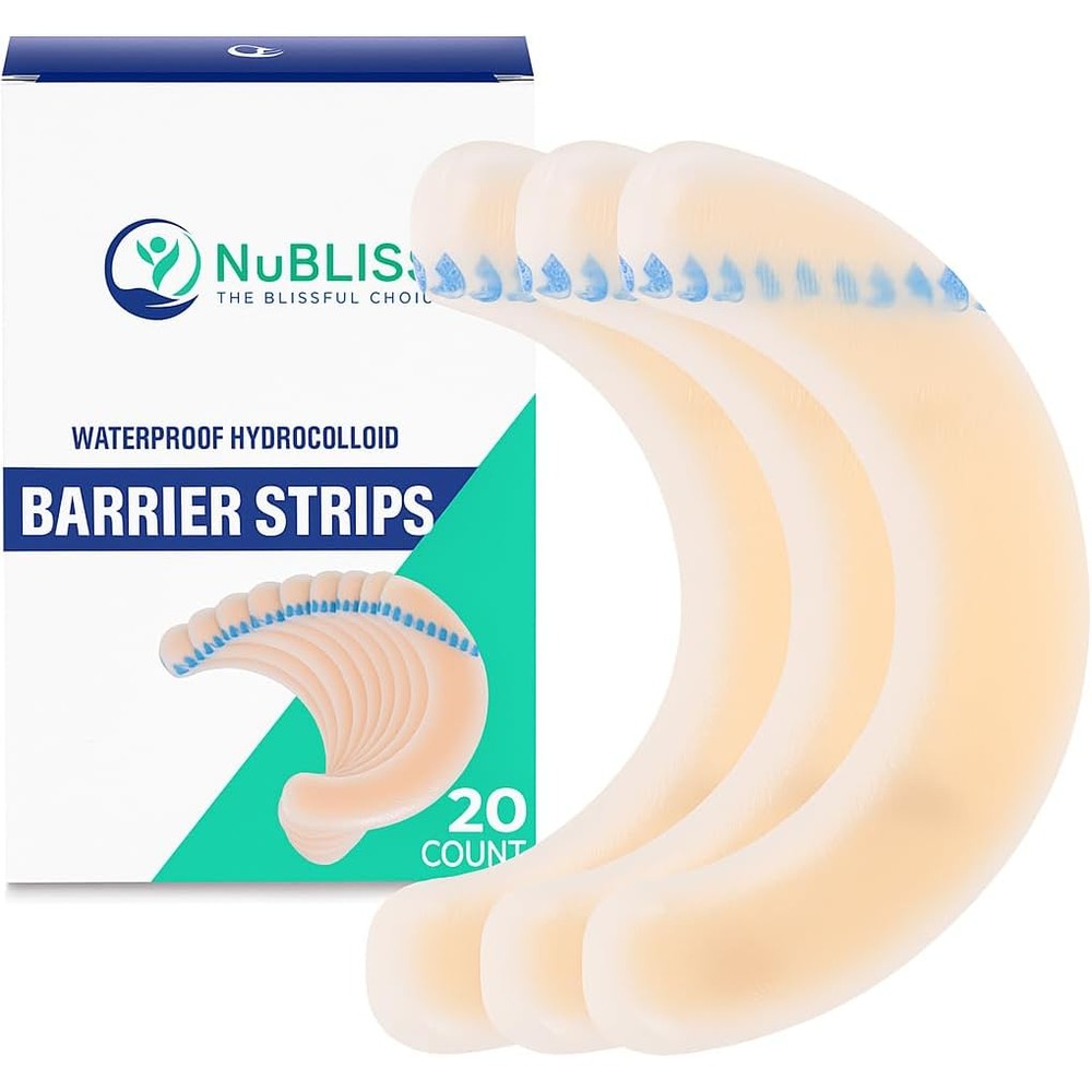 NuBliss Ostomy Barrier Strips box front view showing 20 count medical grade adhesive tape.