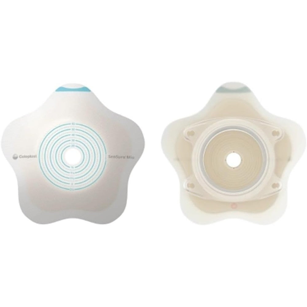 Coloplast SenSura Mio Convex Flip ostomy barrier front view showing star shaped elastic adhesive