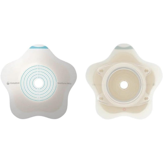 Coloplast SenSura Mio Convex Flip ostomy barrier front view showing star shaped elastic adhesive