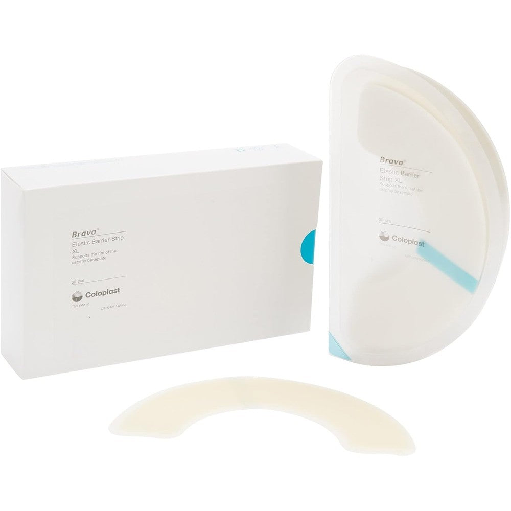 Coloplast Brava Elastic Barrier Strip XL 30 Pack box front view showcasing authentic ostomy medical supplies.