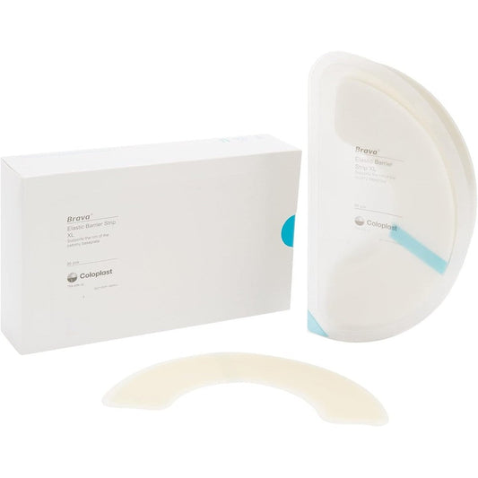 Coloplast Brava Elastic Barrier Strip XL 30 Pack box front view showcasing authentic ostomy medical supplies.