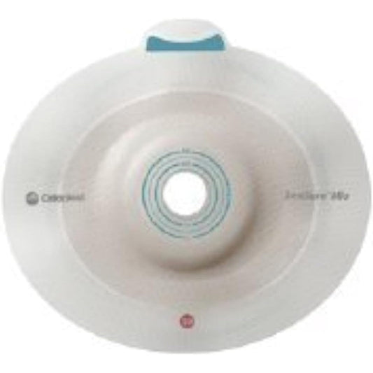 Coloplast SenSura Mio Convex Trim to Fit Ostomy Barrier front view showing the fifty millimeter flange and elastic adhesive backing.