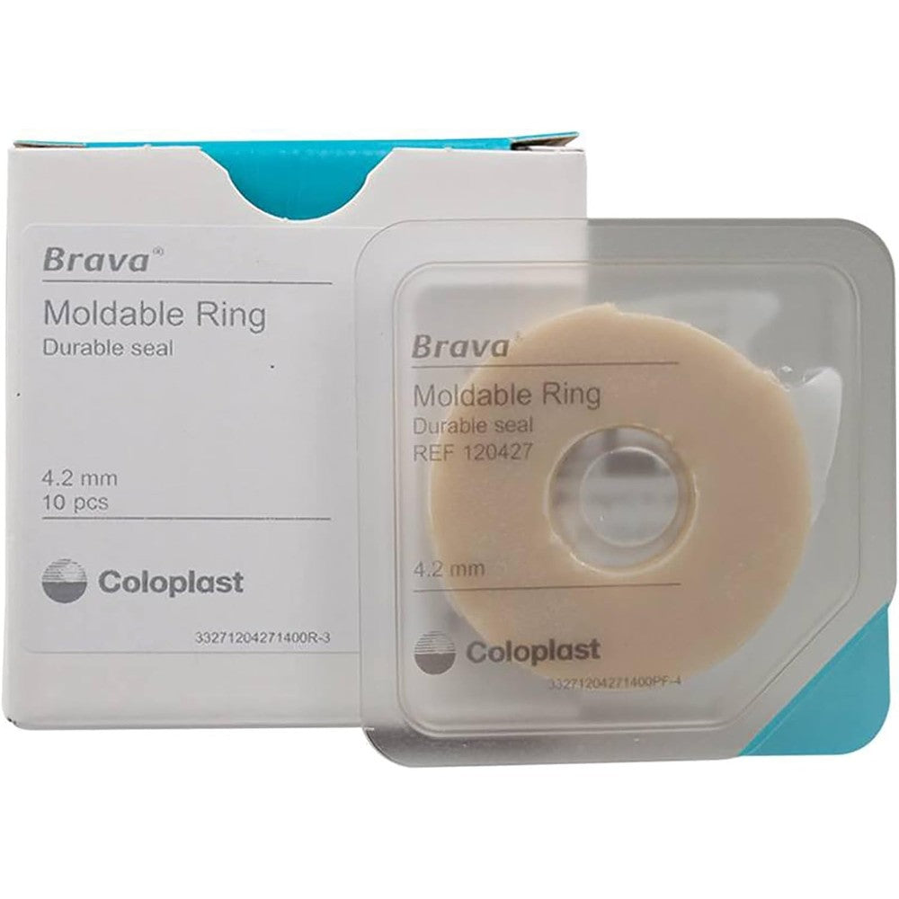 Coloplast Brava Moldable Ring front view of the 10 pack box showcasing the 4.2 mm thick ostomy barrier rings