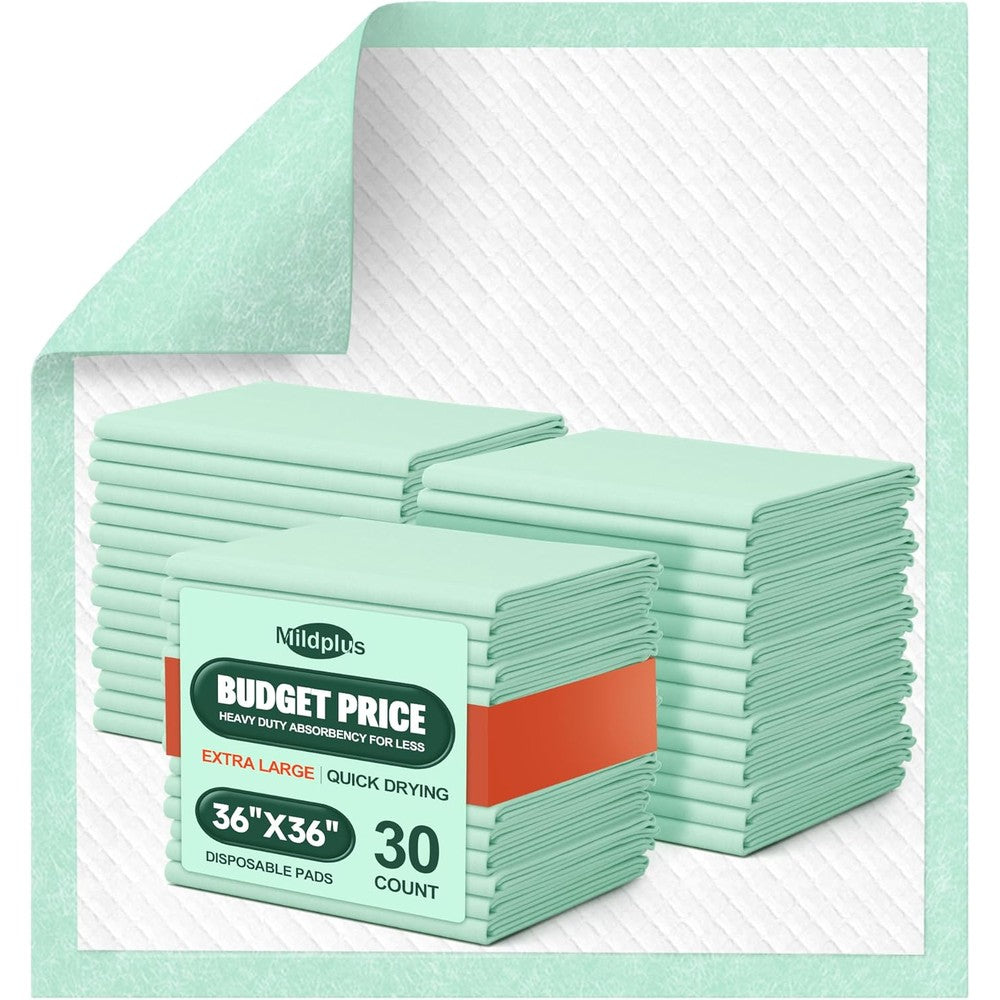 MILDPLUS disposable bed pads 30 count front packaging view showing extra large size details.