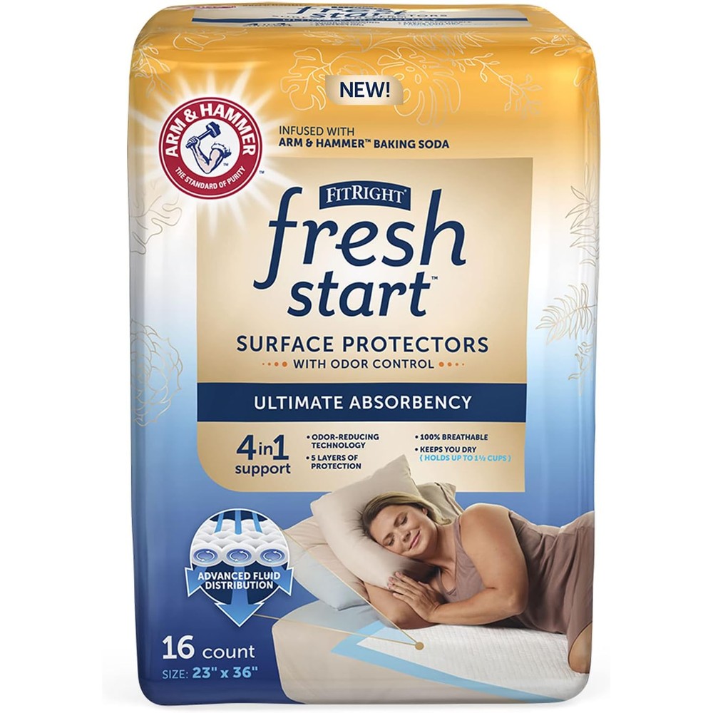 FitRight Fresh Start Disposable Underpads 16 count pack front view showcasing incontinence bed pads packaging.