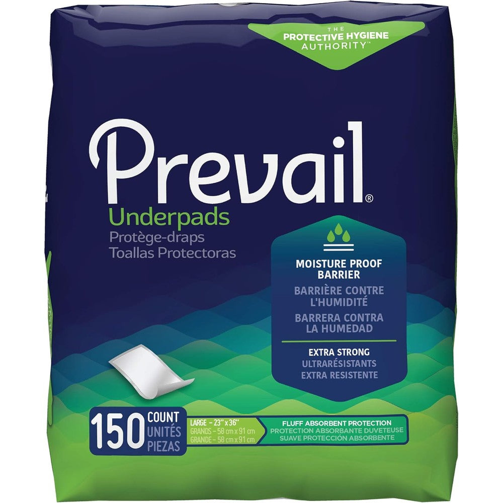 Prevail Incontinence Underpads front packaging view showing one hundred fifty count box