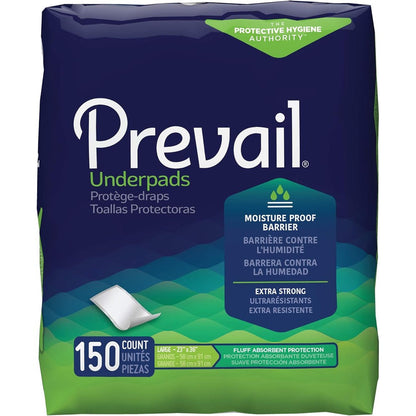 Prevail Incontinence Underpads front packaging view showing one hundred fifty count box