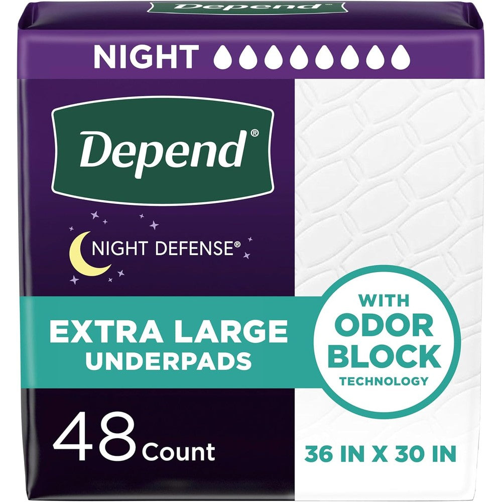 Depend Underpads XL retail packaging front view showcasing forty eight count disposable adult bed pads.