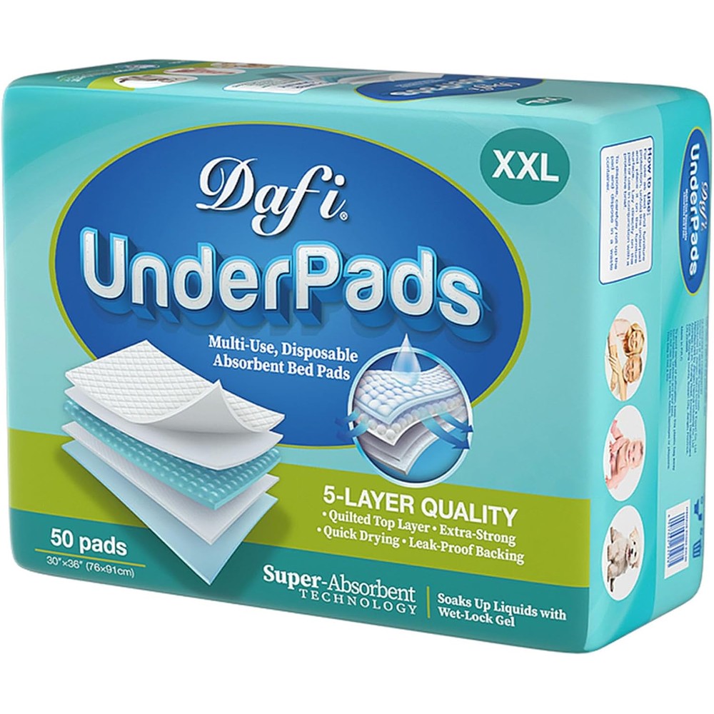 DAFI Disposable Bed Pads Extra Large 50 Count front view packaging showcasing product features.