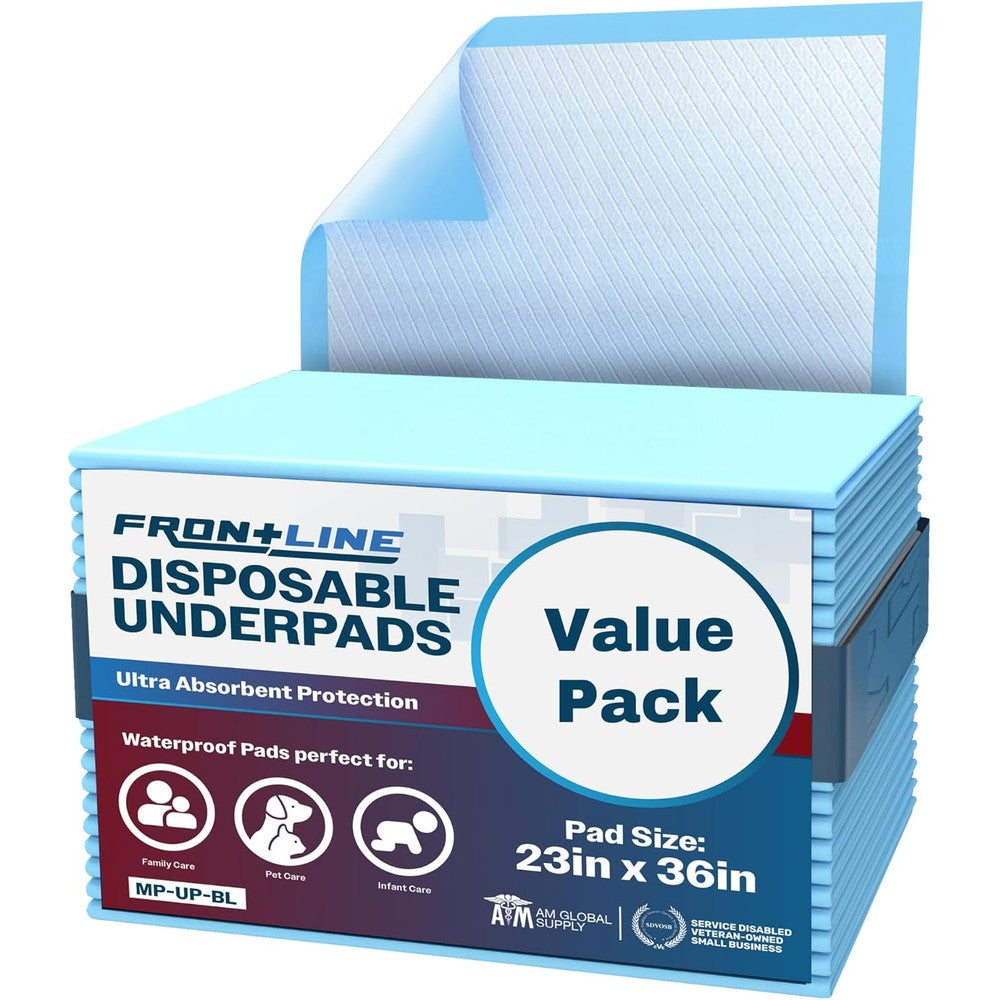 FRONTLINE disposable underpads front packaging view showing 25 count large absorbent bed pads