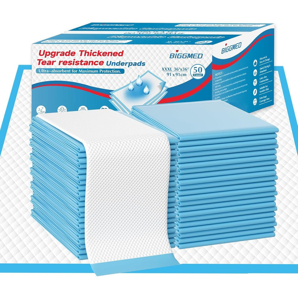 BIGGMED XXL disposable underpads 50 count pack front view displaying premium packaging.