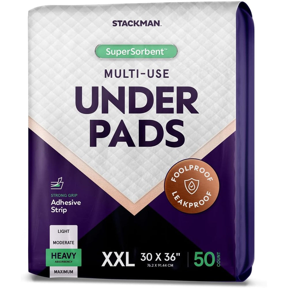 Stack Man heavy absorbency bed pads front packaging view showing fifty count disposable underpads.