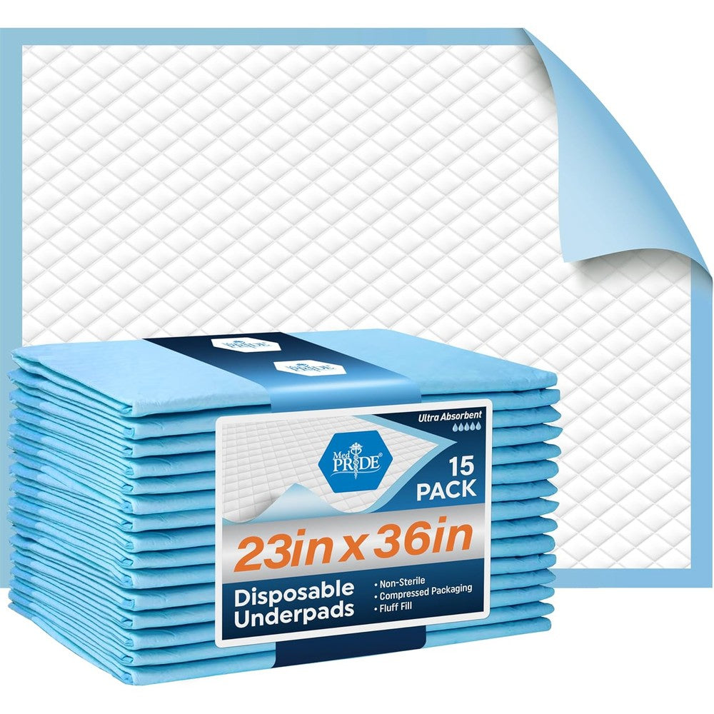Med Pride Disposable Underpads 15 count packaging front view showcasing ultra-absorbent bed protection features.