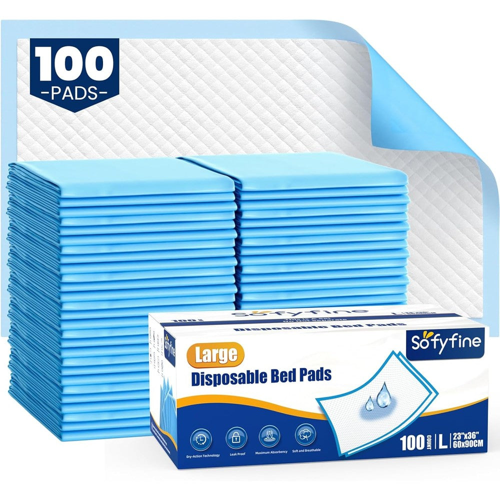 Sofyfine disposable bed pads 100 count retail packaging front view showcasing waterproof incontinence protection.