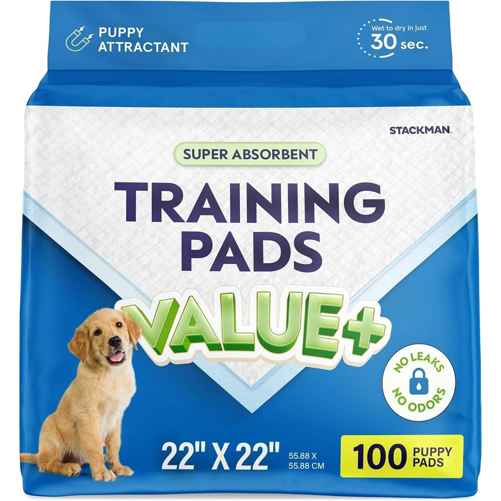 Stack Man puppy pads 100 count pack front view containing disposable dog potty training sheets