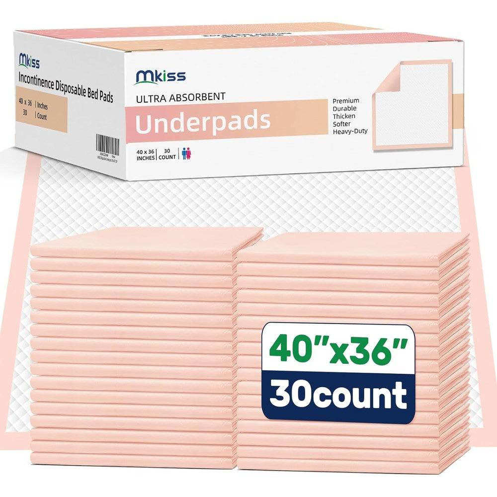 MKISS Extra Large Disposable Incontinence Bed Pads thirty count package front view showing product specifications.
