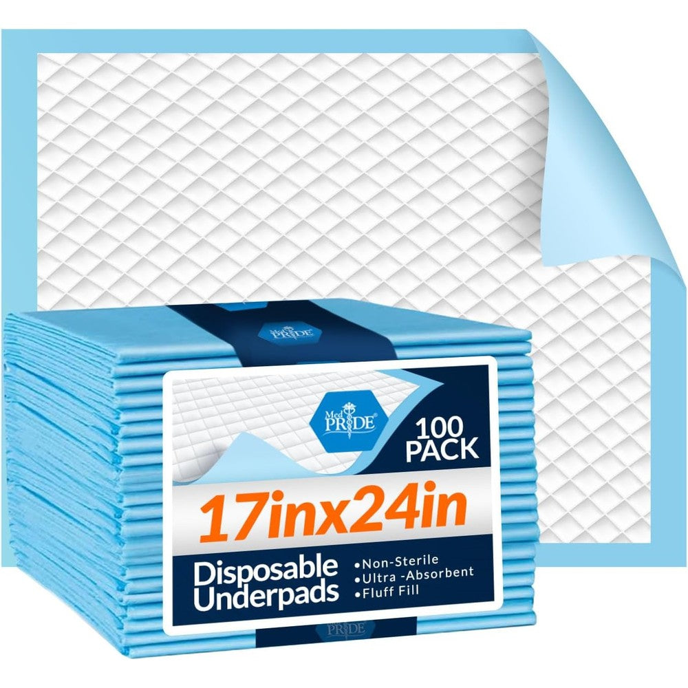 Medpride disposable underpads 100 count front box view for incontinence protection.
