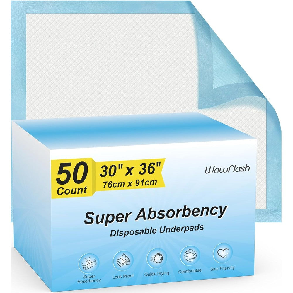 Wowflash super absorbency disposable underpads 50 count retail packaging front view showcasing leakproof features