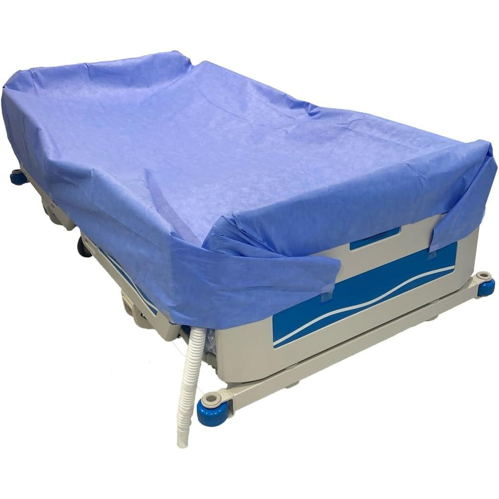 Bold Grup Patient Washing Sheet with Drainage Hose front view showing blue waterproof medical bed pad.