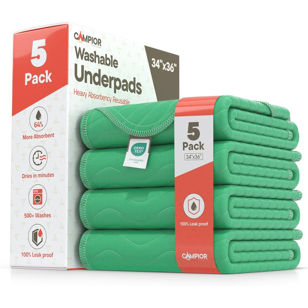 Campior washable underpads large five pack front view green waterproof bed pads for incontinence protection