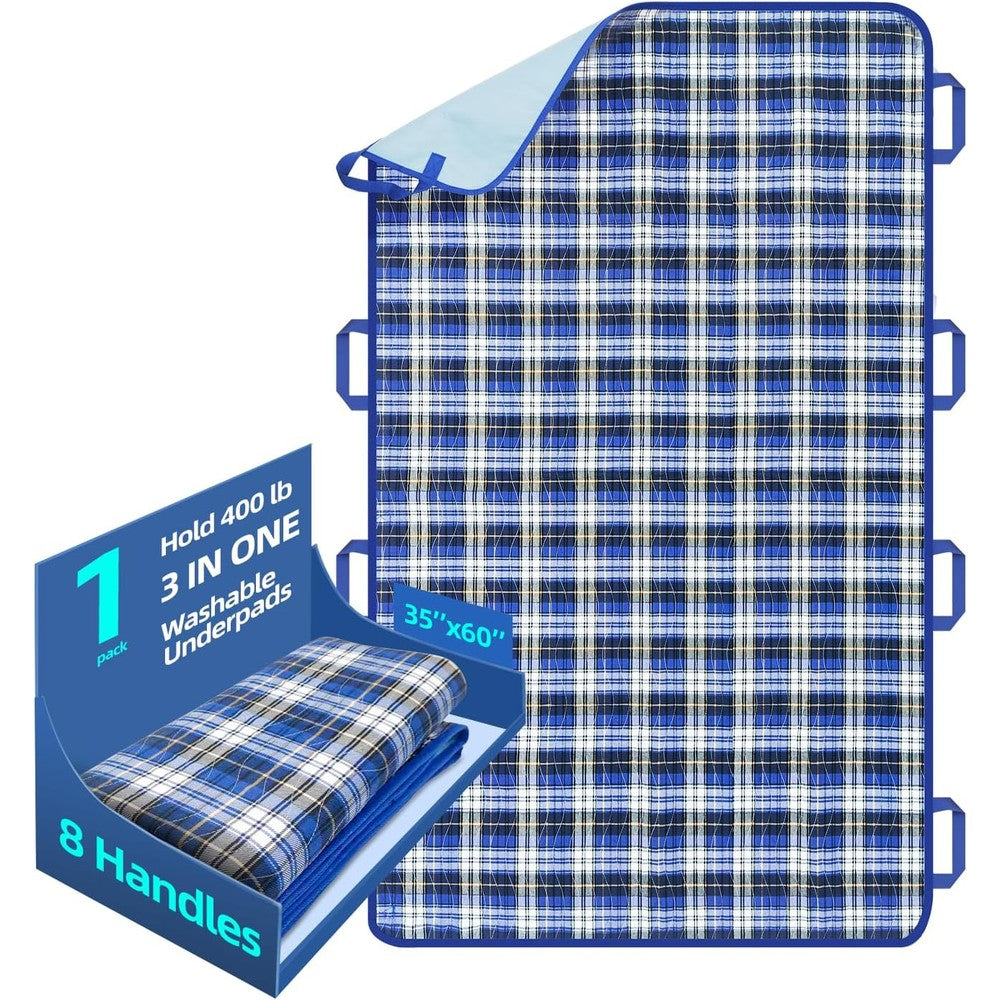 Huilink waterproof bed pads front view showing blue plaid design and reinforced positioning handles