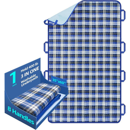 Huilink waterproof bed pads front view showing blue plaid design and reinforced positioning handles