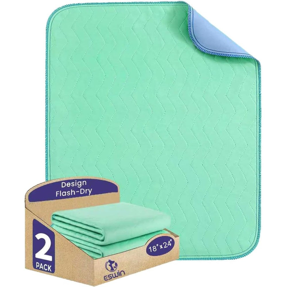 ESWIN Washable Underpads front view showing the green quilted top layer pack of two.