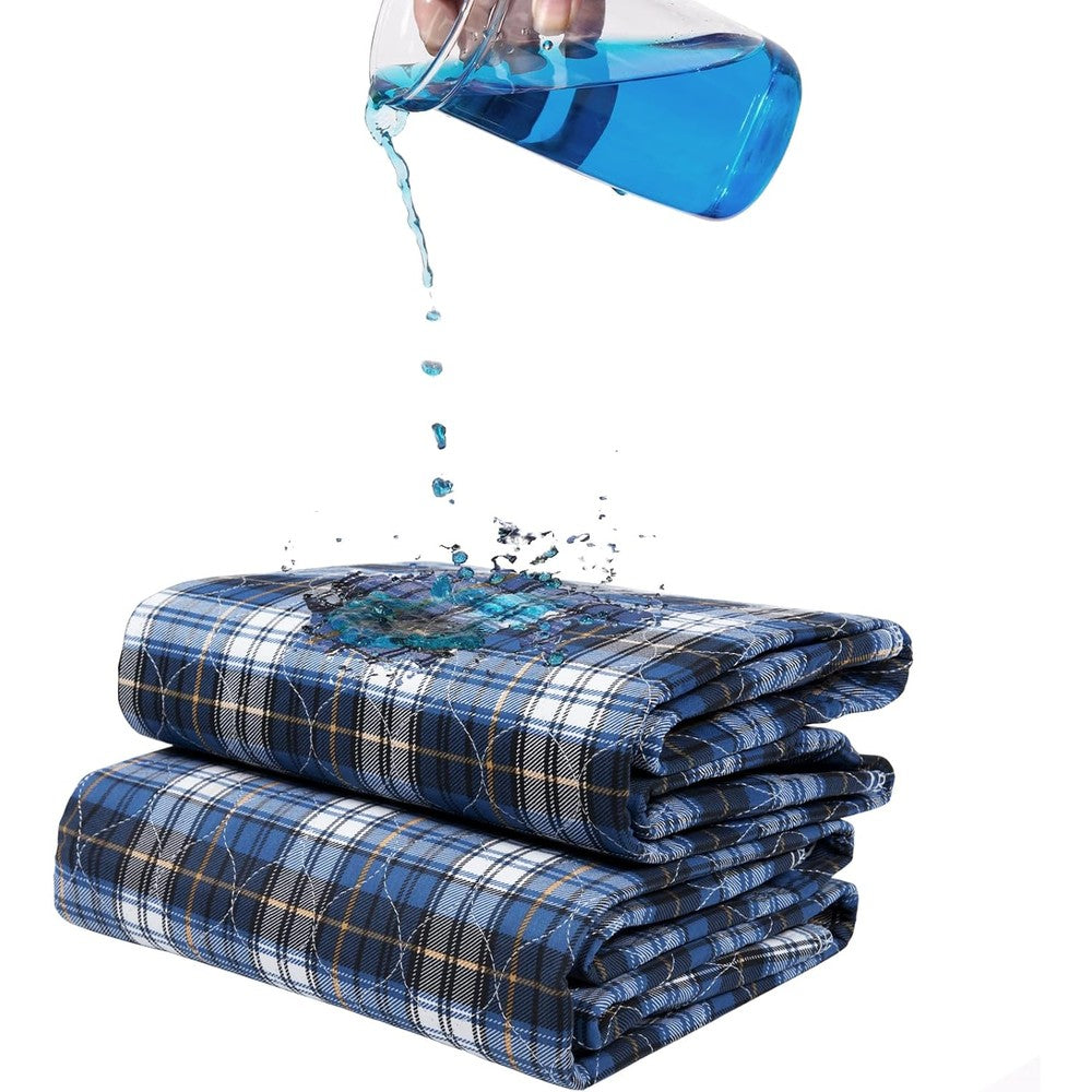Brosive non slip bed pads for incontinence front view showing blue plaid cotton surface design