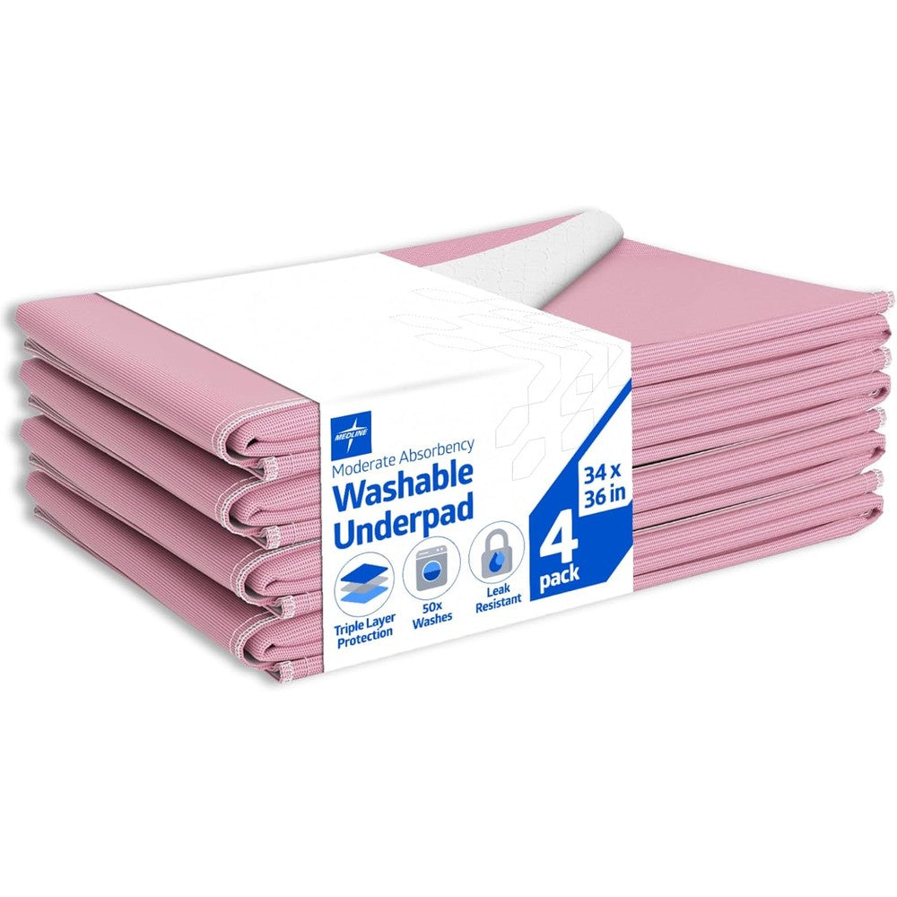 Medline Sofnit 300 Washable Bed Pads front view showing four folded pink reusable underpads.