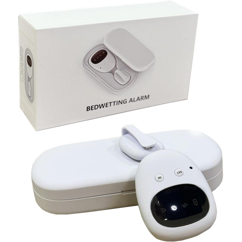 Invyxr Wireless Bedwetting Alarm front view showing white receiver and clip-on sensor