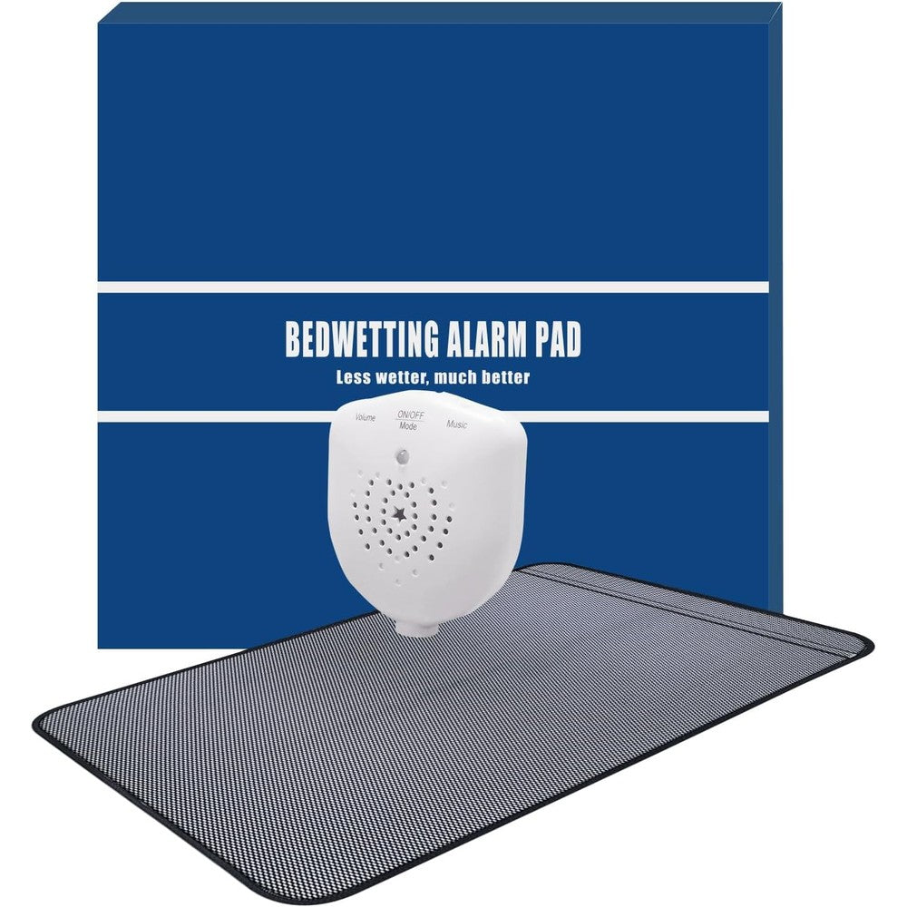 STEHEALTH Bed Wetting Alarm Pads front view showing rechargeable monitor and sensor mat.
