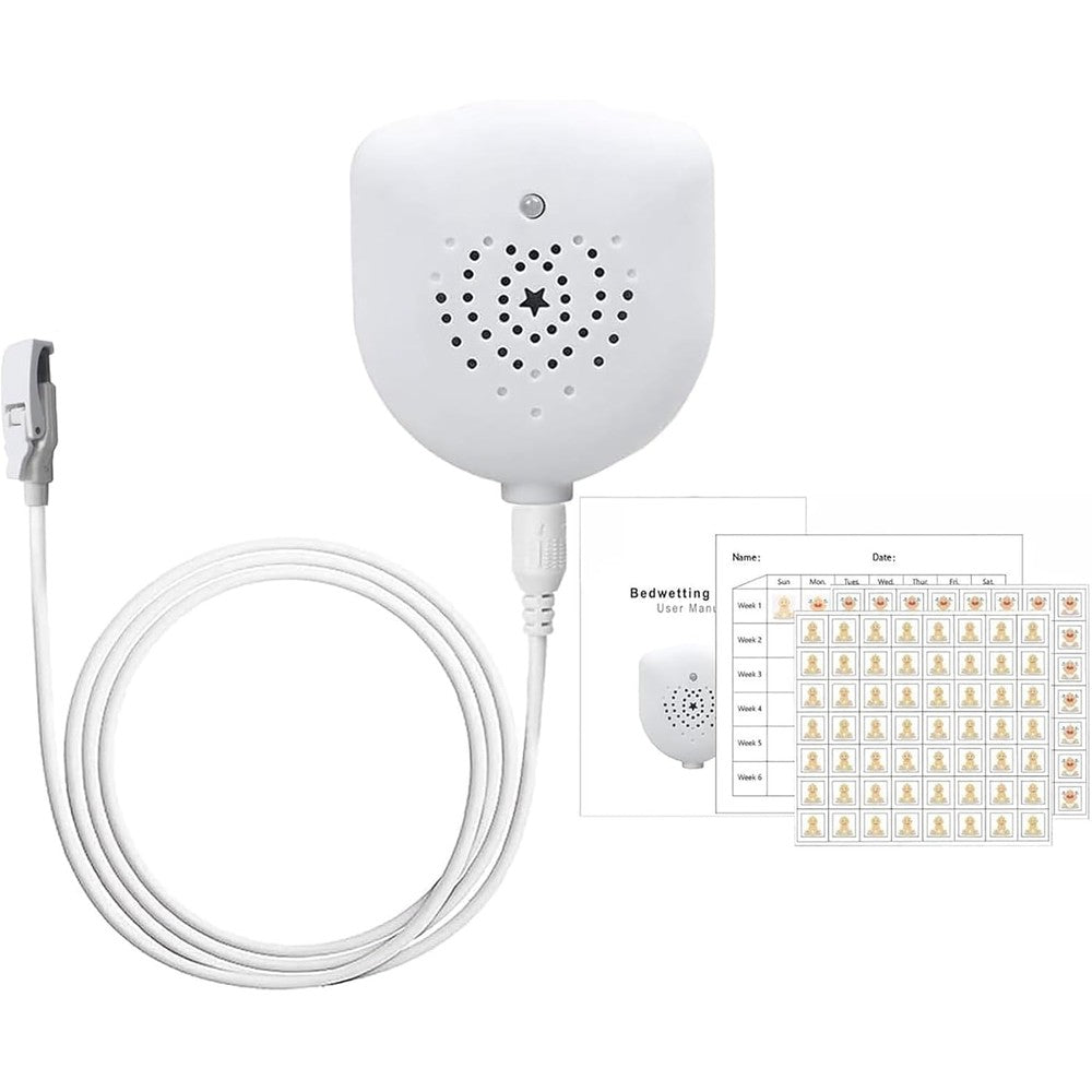 STEHEALTH Bedwetting Alarm front view showing white rechargeable unit and sensor clip.