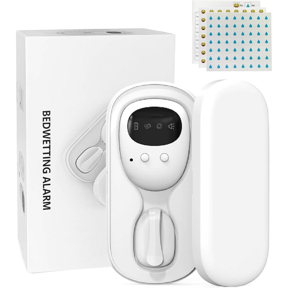 Iemegumi Bed Wetting Alarm front view with wireless transmitter and receiver for kids.