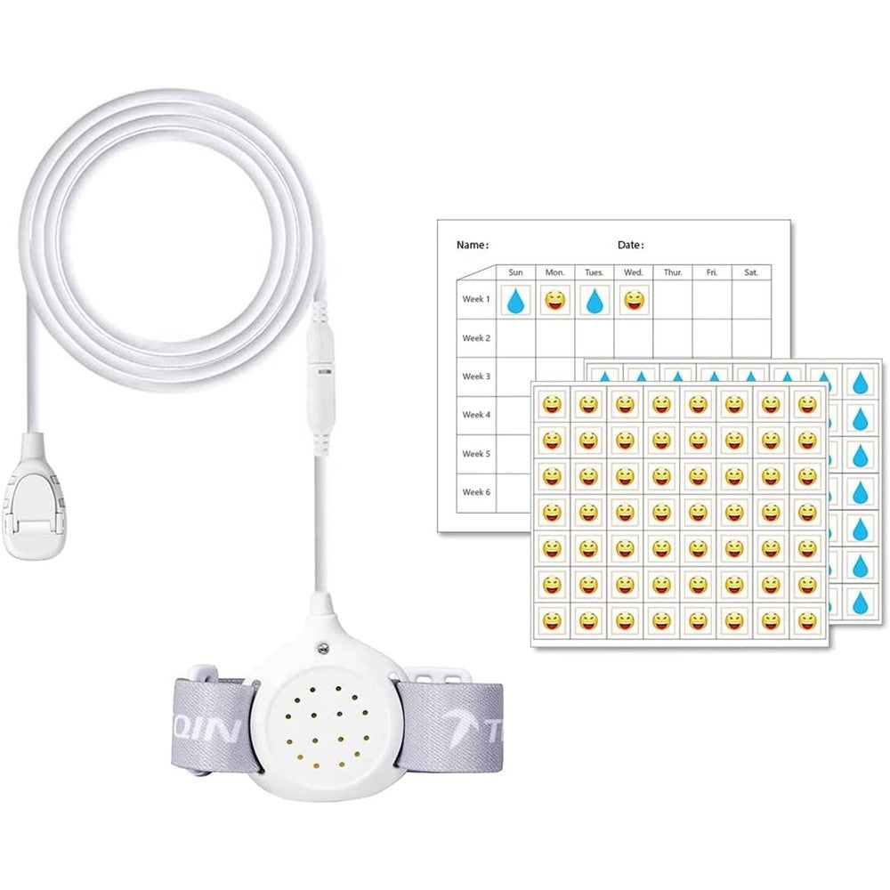 TEQIN Bedwetting Alarm for Kids front view showing white sensor unit.