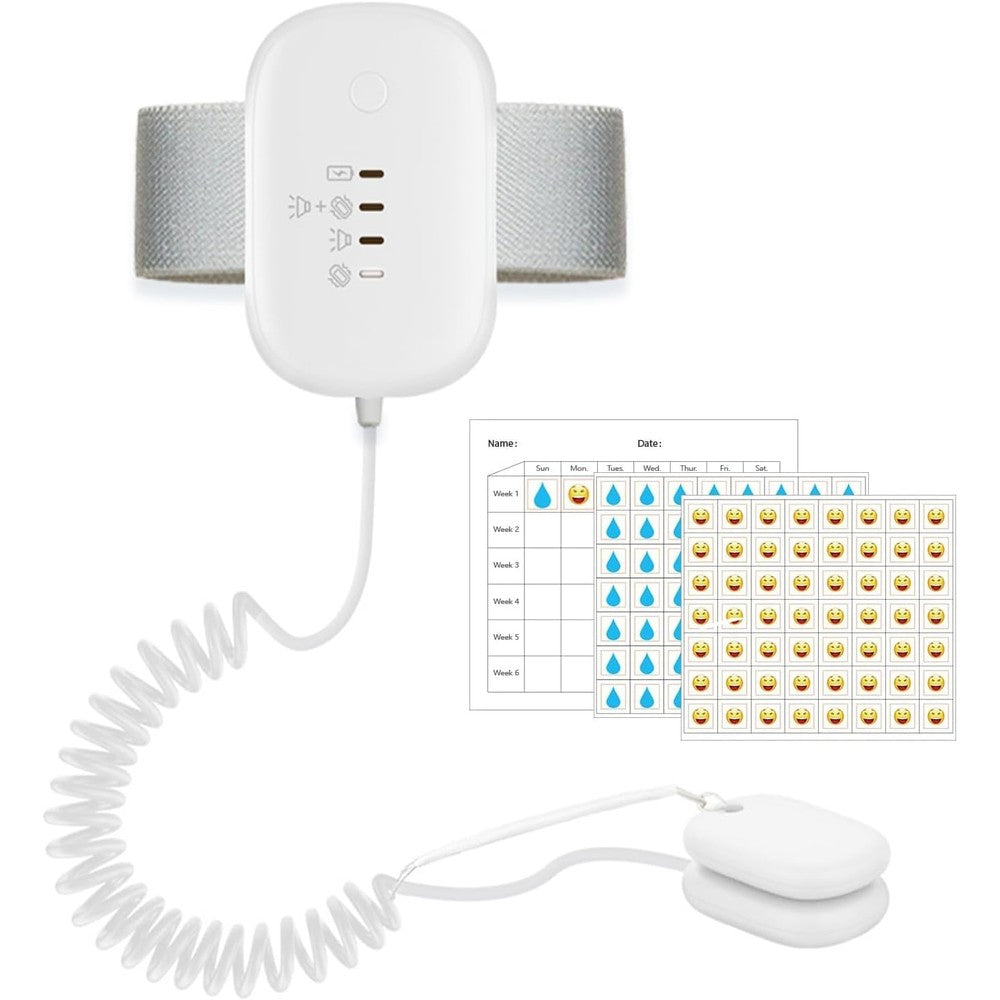ZAMKAEEVI Bed Wetting Alarm front view showing white rechargeable unit and sensor clip.