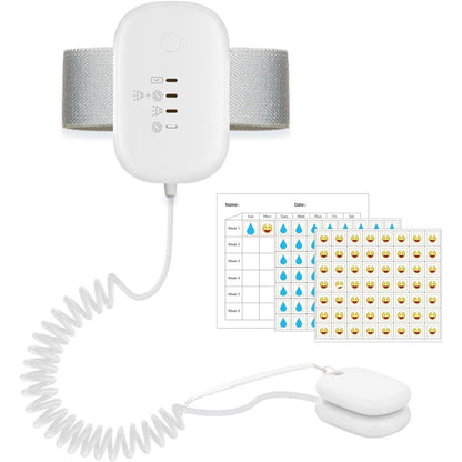 ZAMKAEEVI Bed Wetting Alarm front view showing white rechargeable unit and sensor clip.