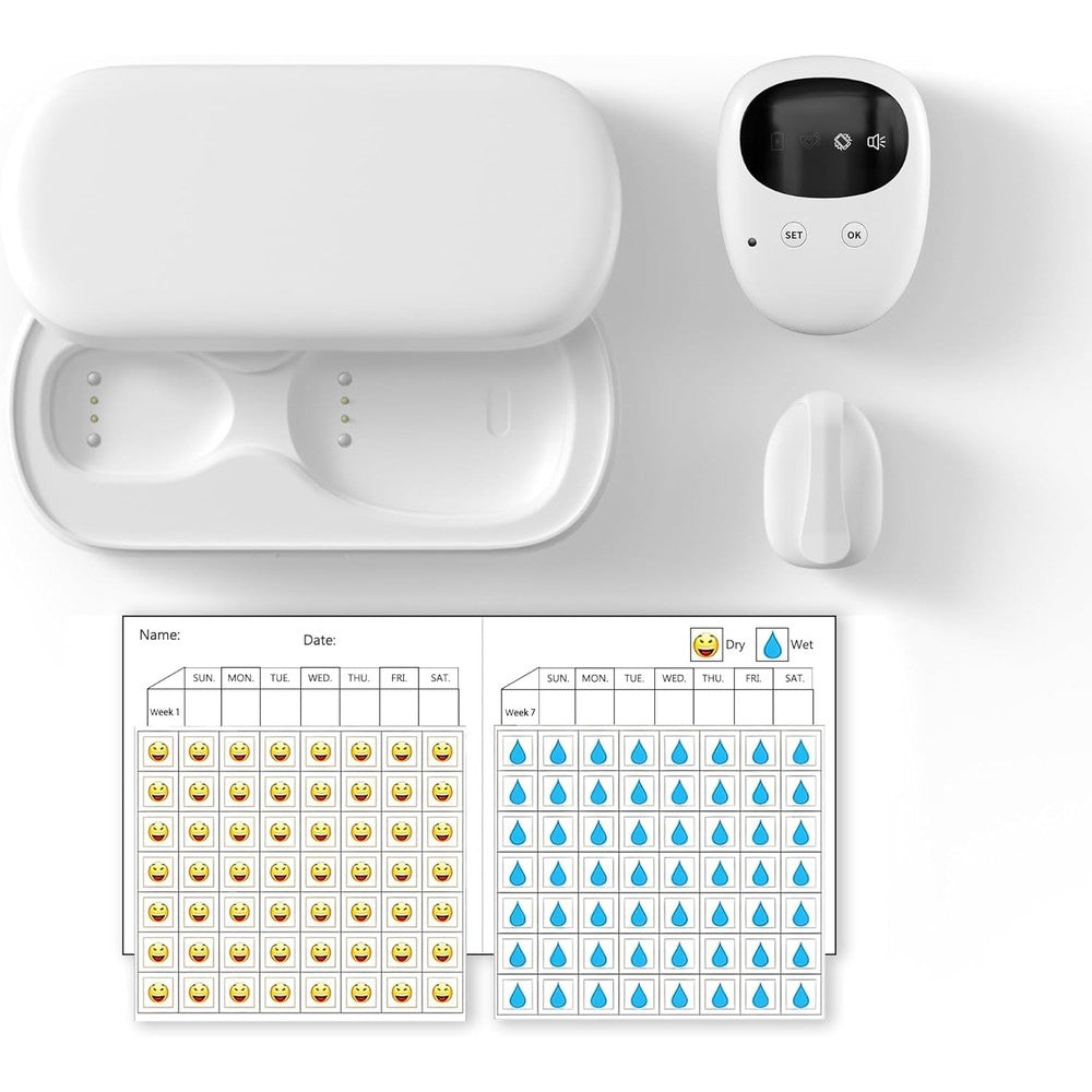 Yoiilifee Wireless Bedwetting Alarm front view of charging case and sensor.