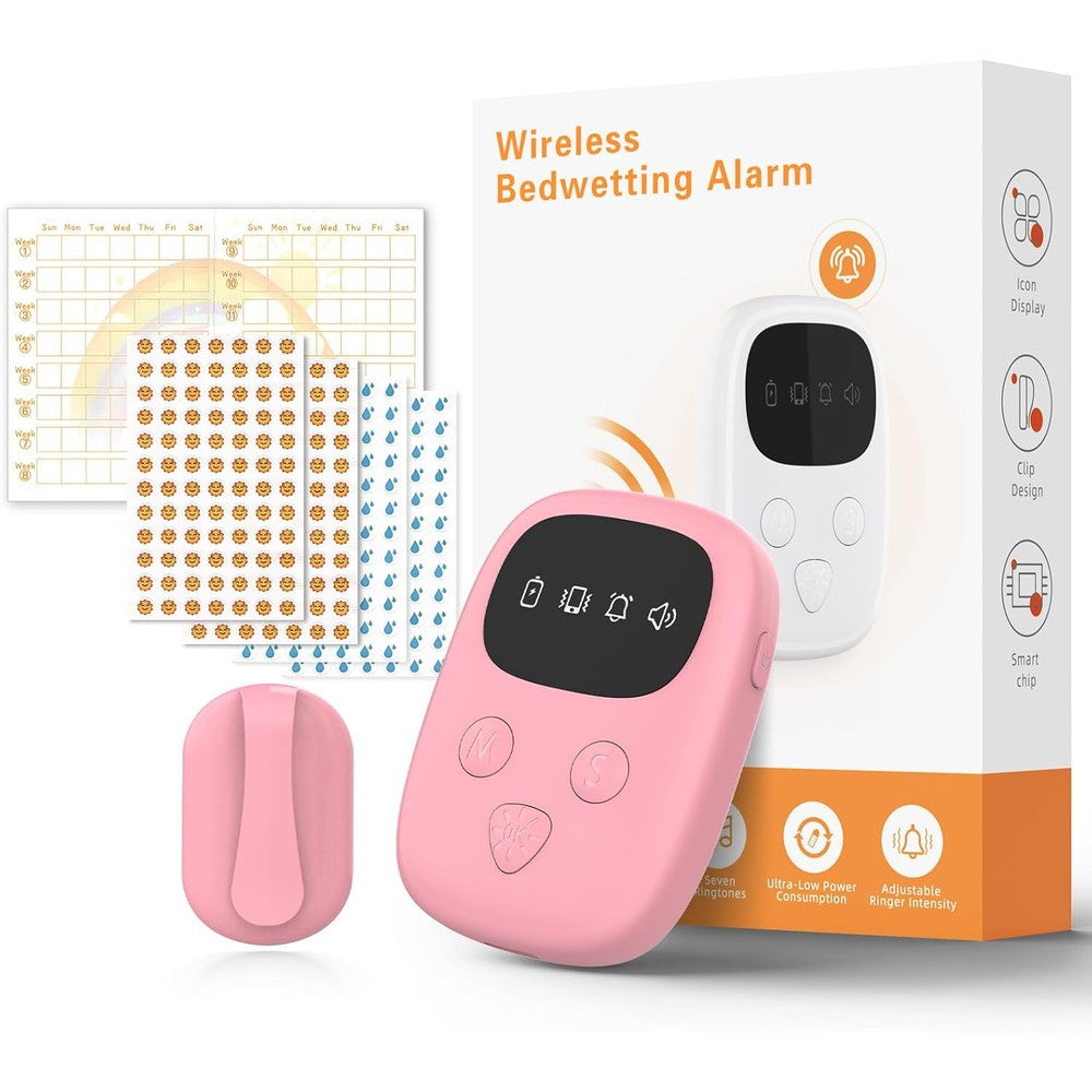Ovevve Wireless Bedwetting Alarm pink unit front view for nocturnal enuresis training.