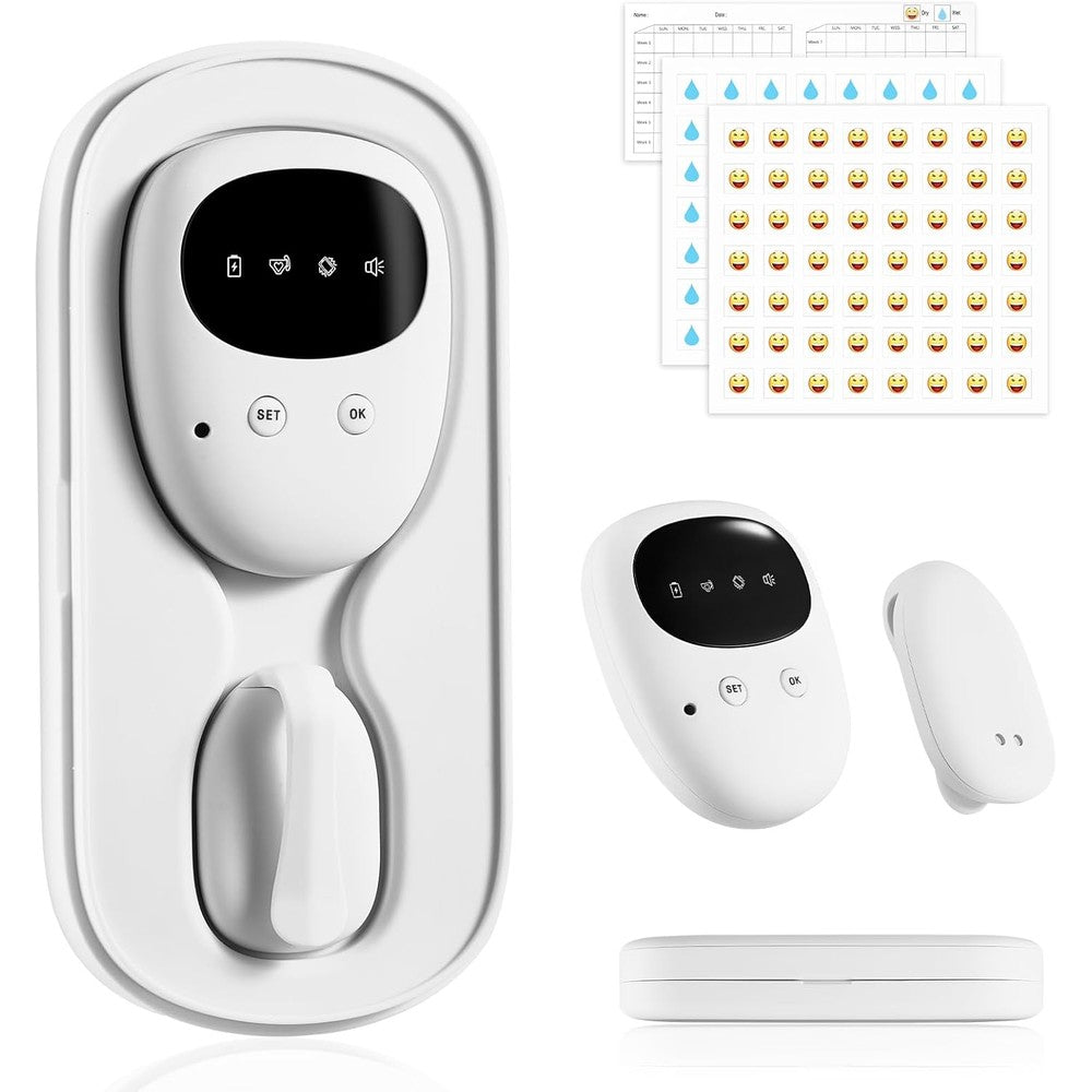 Reyang Wireless Bedwetting Alarm front view showing receiver and transmitter in charging case