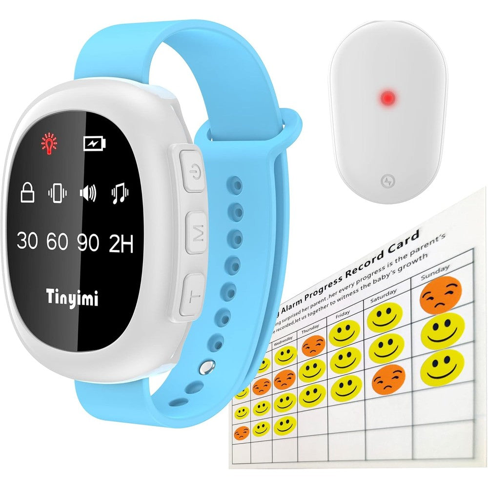 Tinyimi Wireless Bedwetting Alarm front view showing green watch face and sensor.