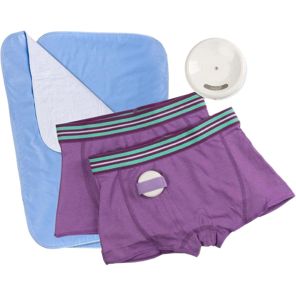 Dry Defender Rodger Wireless Bedwetting Alarm Kit front view with lavender briefs and receiver.