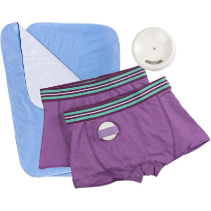 Dry Defender Rodger Wireless Bedwetting Alarm Kit front view with lavender briefs and receiver.