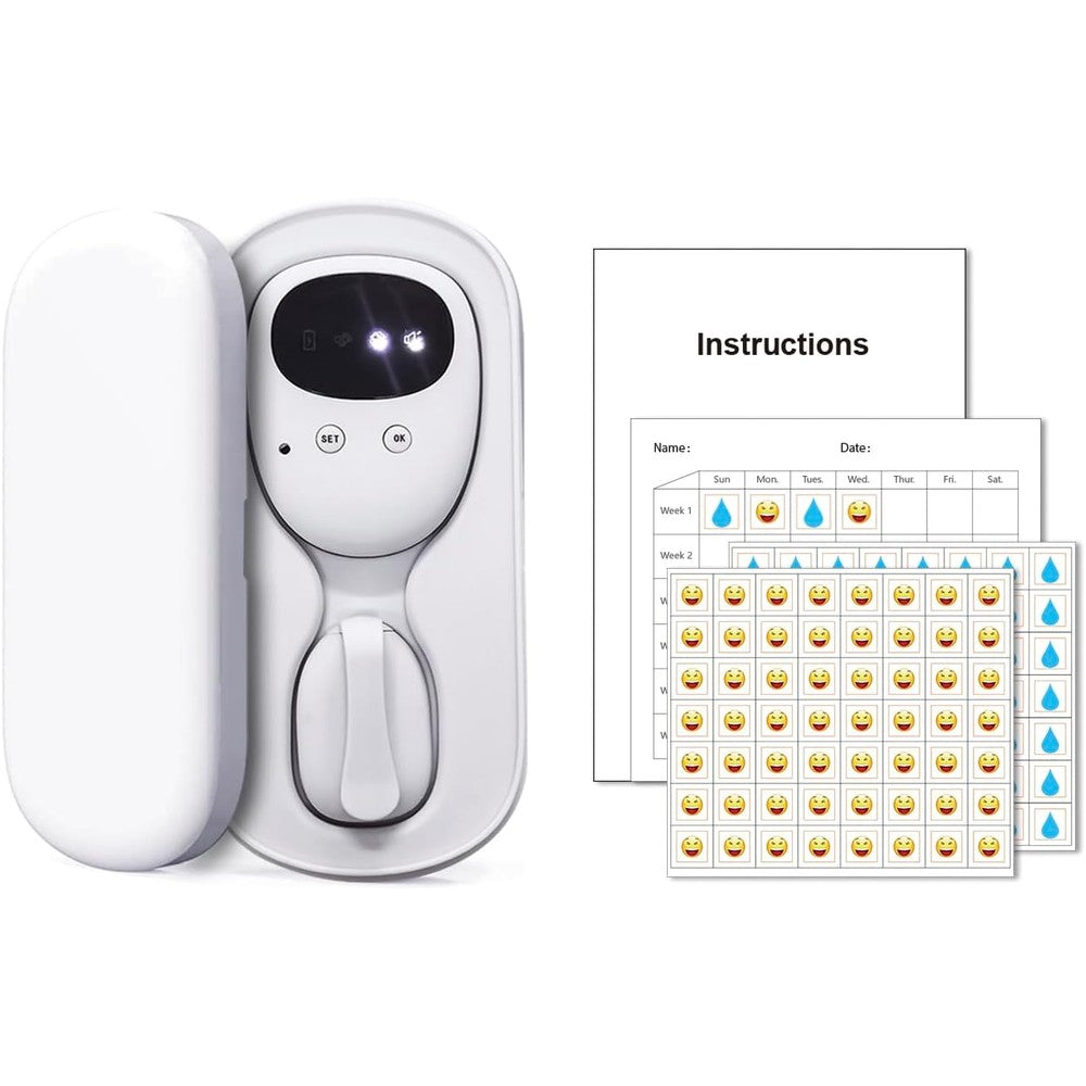Fency Wireless Bedwetting Alarm front view of white receiver and transmitter.