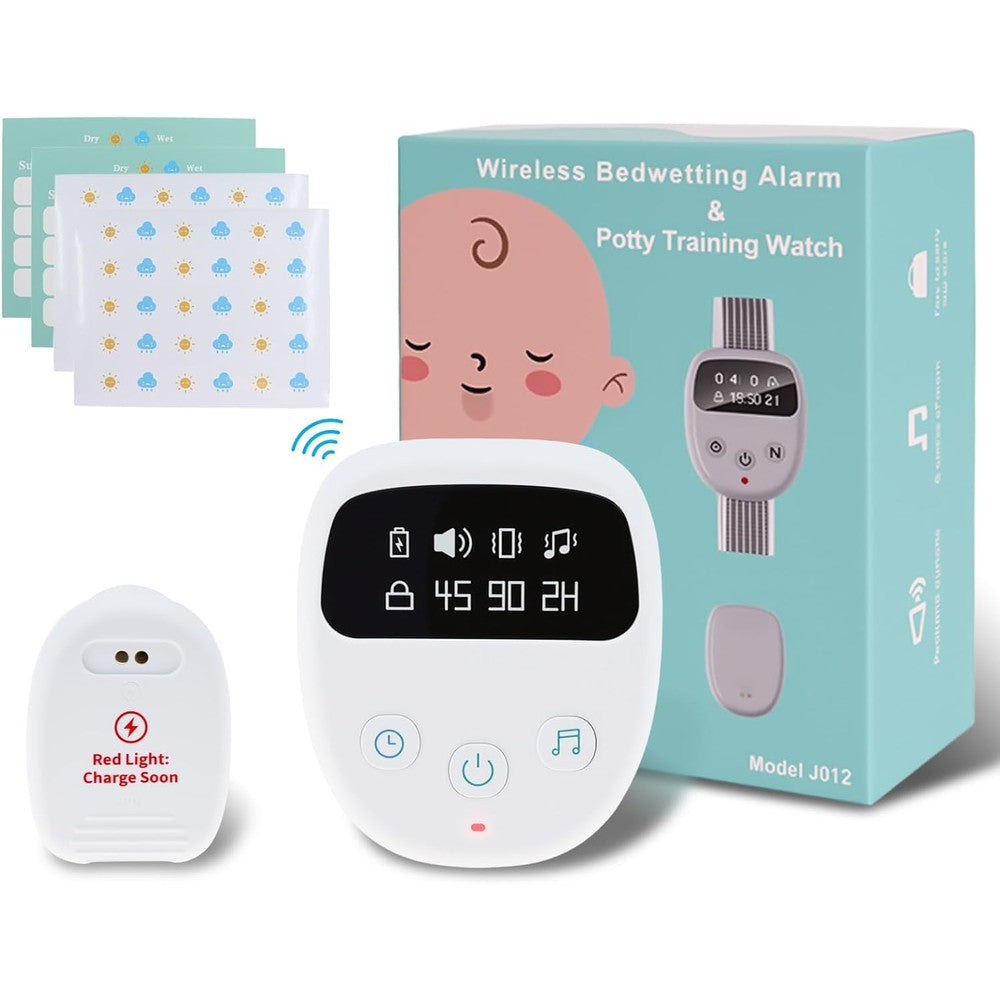 Ovevve wireless bedwetting alarm front view showing receiver wristband and sensor clip.