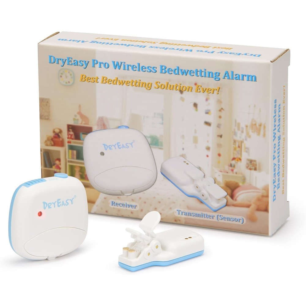 DryEasy Pro Wireless Bedwetting Alarm front view showing receiver and sensor kit.
