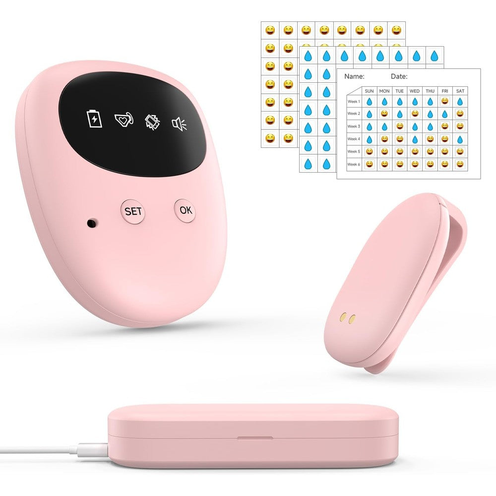 Phenohere Wireless Bedwetting Alarm Blush Pink front view showing charging case.
